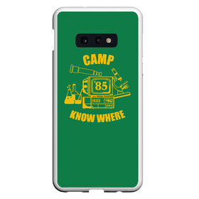 Чехол для Samsung S10E с принтом CAMP KNOW WHERE в Петрозаводске, Силикон | Область печати: задняя сторона чехла, без боковых панелей | Тематика изображения на принте: 80 е | 85 | camp know where | camp nowhere | dustin | netflix | stranger things | дастин | кепка дастина | нетфликс | очень странные дела