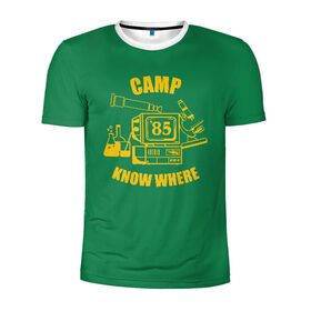 Мужская футболка 3D спортивная с принтом CAMP KNOW WHERE в Петрозаводске, 100% полиэстер с улучшенными характеристиками | приталенный силуэт, круглая горловина, широкие плечи, сужается к линии бедра | 80 е | 85 | camp know where | camp nowhere | dustin | netflix | stranger things | дастин | кепка дастина | нетфликс | очень странные дела