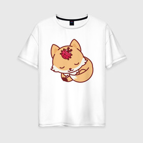 Женская футболка хлопок Oversize с принтом Лисенок и Божья коровка в Петрозаводске, 100% хлопок | свободный крой, круглый ворот, спущенный рукав, длина до линии бедер
 | fox | лис | лиса | лисенок | лисица | милая | пушистик | рыжая