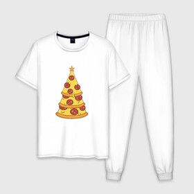 Мужская пижама хлопок с принтом Пиццеёлка в Петрозаводске, 100% хлопок | брюки и футболка прямого кроя, без карманов, на брюках мягкая резинка на поясе и по низу штанин
 | bird born | арт | веселье | еда | ёлка | иллюстратор | иллюстрация | новый год | пепперони | пицца | радость | рисунок | юмор