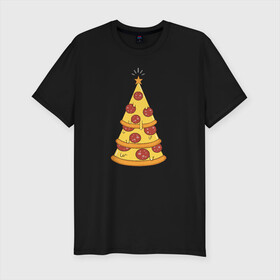 Мужская футболка премиум с принтом Пиццеёлка в Петрозаводске, 92% хлопок, 8% лайкра | приталенный силуэт, круглый вырез ворота, длина до линии бедра, короткий рукав | bird born | арт | веселье | еда | ёлка | иллюстратор | иллюстрация | новый год | пепперони | пицца | радость | рисунок | юмор