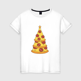 Женская футболка хлопок с принтом Пиццеёлка в Петрозаводске, 100% хлопок | прямой крой, круглый вырез горловины, длина до линии бедер, слегка спущенное плечо | bird born | арт | веселье | еда | ёлка | иллюстратор | иллюстрация | новый год | пепперони | пицца | радость | рисунок | юмор