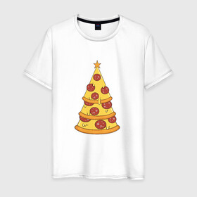 Мужская футболка хлопок с принтом Пиццеёлка в Петрозаводске, 100% хлопок | прямой крой, круглый вырез горловины, длина до линии бедер, слегка спущенное плечо. | bird born | арт | веселье | еда | ёлка | иллюстратор | иллюстрация | новый год | пепперони | пицца | радость | рисунок | юмор