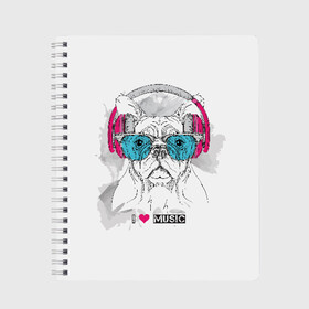 Тетрадь с принтом I love music в Петрозаводске, 100% бумага | 48 листов, плотность листов — 60 г/м2, плотность картонной обложки — 250 г/м2. Листы скреплены сбоку удобной пружинной спиралью. Уголки страниц и обложки скругленные. Цвет линий — светло-серый
 | animal | breed | bulldog | dog | emerald | graphic drawing | headphones | heart | i love music | music | music lover | pink | the inscription | бульдог | графический рисунок | животное | изумрудные | меломан | музыка | надпись | наушники | очки 