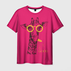 Мужская футболка 3D с принтом Life is good в Петрозаводске, 100% полиэфир | прямой крой, круглый вырез горловины, длина до линии бедер | african | animal | giraffe | inscription | life is good | look | pink | pop art | tongue | yellow | африканское | взгляд | желтый | животное | жизнь хороша | жираф | надпись | очки | поп   арт | розовый | язык