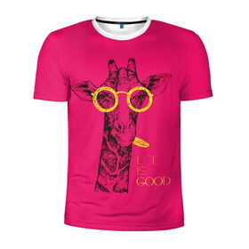 Мужская футболка 3D спортивная с принтом Life is good в Петрозаводске, 100% полиэстер с улучшенными характеристиками | приталенный силуэт, круглая горловина, широкие плечи, сужается к линии бедра | african | animal | giraffe | inscription | life is good | look | pink | pop art | tongue | yellow | африканское | взгляд | желтый | животное | жизнь хороша | жираф | надпись | очки | поп   арт | розовый | язык