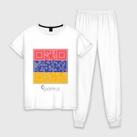 Женская пижама хлопок с принтом QR-Armenia в Петрозаводске, 100% хлопок | брюки и футболка прямого кроя, без карманов, на брюках мягкая резинка на поясе и по низу штанин | cxstyle | qr | армения | код | символ | страна | флаг