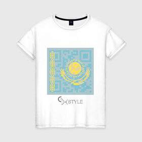 Женская футболка хлопок с принтом QR-Kazakhstan в Петрозаводске, 100% хлопок | прямой крой, круглый вырез горловины, длина до линии бедер, слегка спущенное плечо | cxstyle | qr | казахстан | код | символ | страна | флаг