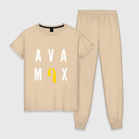 Женская пижама хлопок с принтом AVA MAX в Петрозаводске, 100% хлопок | брюки и футболка прямого кроя, без карманов, на брюках мягкая резинка на поясе и по низу штанин | ava max | so am i. | sweet but psycho | ава макс