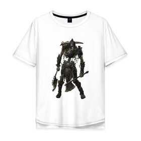Мужская футболка хлопок Oversize с принтом Скелет Воин в Петрозаводске, 100% хлопок | свободный крой, круглый ворот, “спинка” длиннее передней части | броня | воин | оружие | рога | скелет | топоры