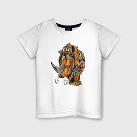 Детская футболка хлопок с принтом Носорог Steampunk в Петрозаводске, 100% хлопок | круглый вырез горловины, полуприлегающий силуэт, длина до линии бедер | cyber | retro | rhino | robot | steampunk | носорог | панк | ретро | стимпанк