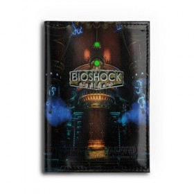 Обложка для автодокументов с принтом BIOSHOCK в Петрозаводске, натуральная кожа |  размер 19,9*13 см; внутри 4 больших “конверта” для документов и один маленький отдел — туда идеально встанут права | Тематика изображения на принте: bioshock | bioshock infinite | биошок | букер | элизабет