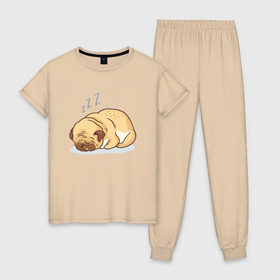 Женская пижама хлопок с принтом Спящий мопс в Петрозаводске, 100% хлопок | брюки и футболка прямого кроя, без карманов, на брюках мягкая резинка на поясе и по низу штанин | Тематика изображения на принте: dog | pug | мопс | пес | псина | собака | собачка | сон | спит | спящий