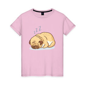 Женская футболка хлопок с принтом Спящий мопс в Петрозаводске, 100% хлопок | прямой крой, круглый вырез горловины, длина до линии бедер, слегка спущенное плечо | Тематика изображения на принте: dog | pug | мопс | пес | псина | собака | собачка | сон | спит | спящий