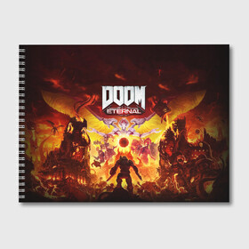 Альбом для рисования с принтом DOOM Eternal в Петрозаводске, 100% бумага
 | матовая бумага, плотность 200 мг. | 2019 | bethesda | demon | doom | eternal | ethernal | game | games | logo | monster | runes | демон | дум | дуум | етернал | игра | игры | какодемон | кровь | лого | логотип | монстр | монстры | руны | символ | этернал