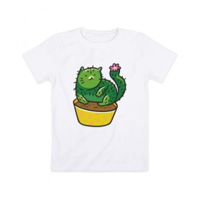 Детская футболка хлопок с принтом Кот-кактус в Петрозаводске, 100% хлопок | круглый вырез горловины, полуприлегающий силуэт, длина до линии бедер | cat | горшок | иголки | кактус | кот кактус | котик | кошка | растение | цветок