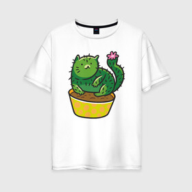 Женская футболка хлопок Oversize с принтом Кот-кактус в Петрозаводске, 100% хлопок | свободный крой, круглый ворот, спущенный рукав, длина до линии бедер
 | cat | горшок | иголки | кактус | кот кактус | котик | кошка | растение | цветок