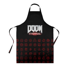 Фартук 3D с принтом DOOM Eternal в Петрозаводске, 100% полиэстер | общий размер — 65 х 85 см, ширина нагрудника — 26 см, горловина — 53 см, длина завязок — 54 см, общий обхват в поясе — 173 см. Принт на завязках и на горловине наносится с двух сторон, на основной части фартука — только с внешней стороны | 2019 | bethesda | demon | doom | eternal | ethernal | game | games | logo | monster | runes | демон | дум | дуум | етернал | игра | игры | какодемон | кровь | лого | логотип | монстр | монстры | руны | символ | этернал