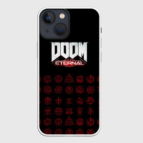 Чехол для iPhone 13 mini с принтом DOOM Eternal в Петрозаводске,  |  | Тематика изображения на принте: 2019 | bethesda | demon | doom | eternal | ethernal | game | games | logo | monster | runes | демон | дум | дуум | етернал | игра | игры | какодемон | кровь | лого | логотип | монстр | монстры | руны | символ | этернал