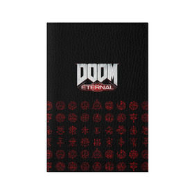 Обложка для паспорта матовая кожа с принтом DOOM Eternal в Петрозаводске, натуральная матовая кожа | размер 19,3 х 13,7 см; прозрачные пластиковые крепления | 2019 | bethesda | demon | doom | eternal | ethernal | game | games | logo | monster | runes | демон | дум | дуум | етернал | игра | игры | какодемон | кровь | лого | логотип | монстр | монстры | руны | символ | этернал