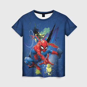 Женская футболка 3D с принтом Spider-man with a spiderweb в Петрозаводске, 100% полиэфир ( синтетическое хлопкоподобное полотно) | прямой крой, круглый вырез горловины, длина до линии бедер | avengers | comics | marvel | peter parker | spider man | stan lee | super her | web shooter | комикс | марвел | марвэл | мстители | паутина | паучок | питер паркер | спайди | стэн ли | человек паук