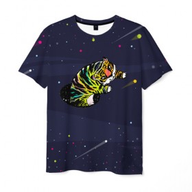 Мужская футболка 3D с принтом Тигр и телепорт (двусторонняя) в Петрозаводске, 100% полиэфир | прямой крой, круглый вырез горловины, длина до линии бедер | галактика | звезды | космос | кот | кошка | полосатый | телепорт | тигр | тигренок