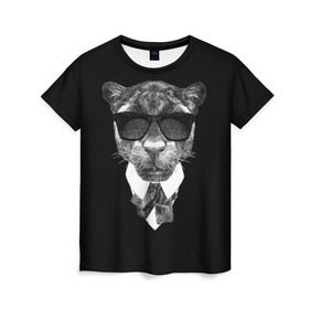 Женская футболка 3D с принтом Пантера в очках в Петрозаводске, 100% полиэфир ( синтетическое хлопкоподобное полотно) | прямой крой, круглый вырез горловины, длина до линии бедер | animal | panther | predator | животное | очки | пантера | хищник