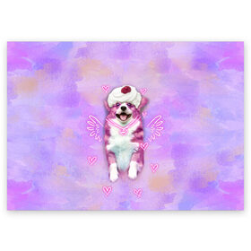 Поздравительная открытка с принтом Ангелок корги в Петрозаводске, 100% бумага | плотность бумаги 280 г/м2, матовая, на обратной стороне линовка и место для марки
 | dog | ангел | ангелок | еда | корги | мороженое | пес | пироженко | пирожное | сердечки | собака | собачка