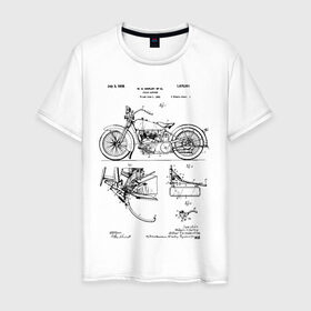 Мужская футболка хлопок с принтом Patent Harley в Петрозаводске, 100% хлопок | прямой крой, круглый вырез горловины, длина до линии бедер, слегка спущенное плечо. | harley | patent | байк | байкер | идея | история | механика | мото | мотоцикл | патент | разработка | харлей | чертеж | чертежи