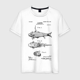 Мужская футболка хлопок с принтом Patent - Artificial bait в Петрозаводске, 100% хлопок | прямой крой, круглый вырез горловины, длина до линии бедер, слегка спущенное плечо. | patent | воблер | идея | история | крючок | патент | приманка | разработка | рыбак | рыбалка | туризм | удочка | чертеж | чертежи