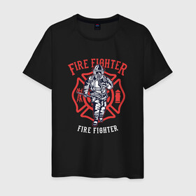 Мужская футболка хлопок с принтом Fire fighter в Петрозаводске, 100% хлопок | прямой крой, круглый вырез горловины, длина до линии бедер, слегка спущенное плечо. | Тематика изображения на принте: мчс | огнеборец | пожар | пожарный