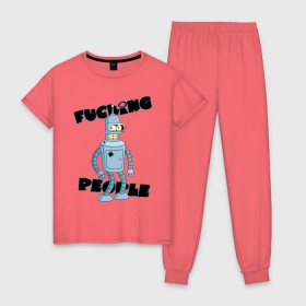 Женская пижама хлопок с принтом Futurama Bender в Петрозаводске, 100% хлопок | брюки и футболка прямого кроя, без карманов, на брюках мягкая резинка на поясе и по низу штанин | bender | futurama | бендер | футурама