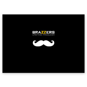 Поздравительная открытка с принтом Brazzers Casting-producer в Петрозаводске, 100% бумага | плотность бумаги 280 г/м2, матовая, на обратной стороне линовка и место для марки
 | adults | brazzers | casting | inscription | logo | movies | mustache | producer | studio | кастинг | логотип | надпись | продюсер | студия | усы | фильмы