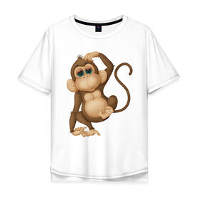 Мужская футболка хлопок Oversize с принтом Обезьяна Чи-чи-чи в Петрозаводске, 100% хлопок | свободный крой, круглый ворот, “спинка” длиннее передней части | веселая обезьяна | веселые животные | забавный мишка | медведь | мишка | обезьяна | смешные животные