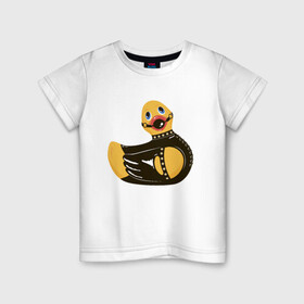 Детская футболка хлопок с принтом Уточка bdsm в Петрозаводске, 100% хлопок | круглый вырез горловины, полуприлегающий силуэт, длина до линии бедер | Тематика изображения на принте: кляп | кожа | латекс | птица | утка | уточка