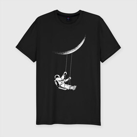 Мужская футболка хлопок Slim с принтом Космонавт на луне в Петрозаводске, 92% хлопок, 8% лайкра | приталенный силуэт, круглый вырез ворота, длина до линии бедра, короткий рукав | galaxy | nasa | астронавт | в космосе | галактика | космонавт | космос | луна | на луне | наса