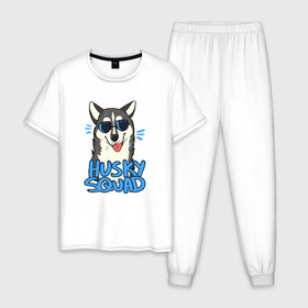 Мужская пижама хлопок с принтом Хаски в Петрозаводске, 100% хлопок | брюки и футболка прямого кроя, без карманов, на брюках мягкая резинка на поясе и по низу штанин
 | собака | собака в очках | хаски