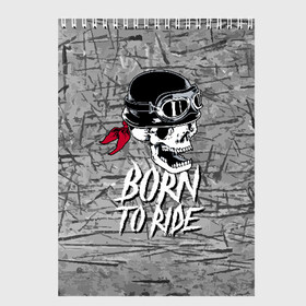 Скетчбук с принтом Born to ride в Петрозаводске, 100% бумага
 | 48 листов, плотность листов — 100 г/м2, плотность картонной обложки — 250 г/м2. Листы скреплены сверху удобной пружинной спиралью | Тематика изображения на принте: bandana | grin | helmet | jaw | metal | skull | teeth | бандана | зубы | каска | металл | оскал | очки | череп