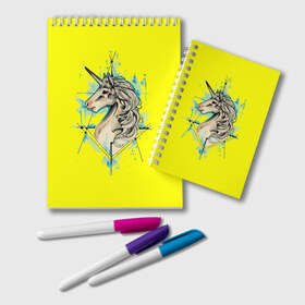 Блокнот с принтом Единорог Yellow Unicorn в Петрозаводске, 100% бумага | 48 листов, плотность листов — 60 г/м2, плотность картонной обложки — 250 г/м2. Листы скреплены удобной пружинной спиралью. Цвет линий — светло-серый
 | Тематика изображения на принте: unicorn | yellow unicorn | единорог | единорожки | животные | лошади