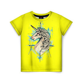 Детская футболка 3D с принтом Единорог Yellow Unicorn в Петрозаводске, 100% гипоаллергенный полиэфир | прямой крой, круглый вырез горловины, длина до линии бедер, чуть спущенное плечо, ткань немного тянется | unicorn | yellow unicorn | единорог | единорожки | животные | лошади