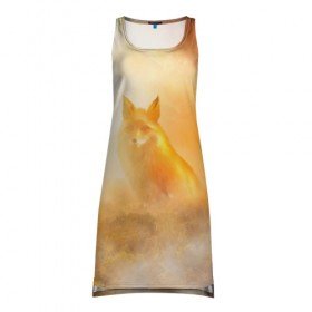 Платье-майка 3D с принтом Лисичка в тумане в Петрозаводске, 100% полиэстер | полуприлегающий силуэт, широкие бретели, круглый вырез горловины, удлиненный подол сзади. | animals | forest | fox | арт | животное | лес | лиса | лисичка | облака | рисунок | рыжая лиса | туман