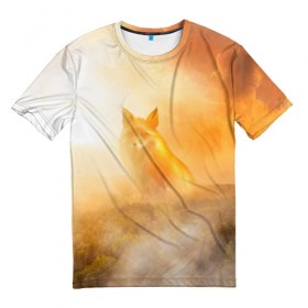 Мужская футболка 3D с принтом Лисичка в тумане в Петрозаводске, 100% полиэфир | прямой крой, круглый вырез горловины, длина до линии бедер | Тематика изображения на принте: animals | forest | fox | арт | животное | лес | лиса | лисичка | облака | рисунок | рыжая лиса | туман