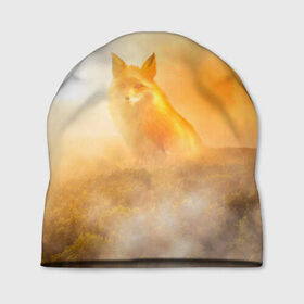 Шапка 3D с принтом Лисичка в тумане в Петрозаводске, 100% полиэстер | универсальный размер, печать по всей поверхности изделия | animals | forest | fox | арт | животное | лес | лиса | лисичка | облака | рисунок | рыжая лиса | туман