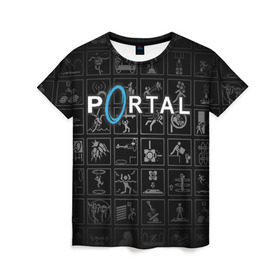 Женская футболка 3D с принтом Portal icons в Петрозаводске, 100% полиэфир ( синтетическое хлопкоподобное полотно) | прямой крой, круглый вырез горловины, длина до линии бедер | half life | головоломка | иконки | пиктограммы | портал | телепорт