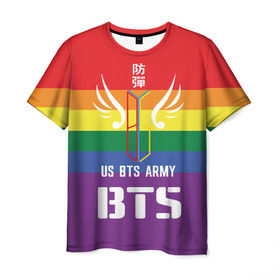 Мужская футболка 3D с принтом BTS Army в Петрозаводске, 100% полиэфир | прямой крой, круглый вырез горловины, длина до линии бедер | army | bangtan boys | beyond the scene | boys | bts | chin | edm | emblem | fans | hieroglyphs | hip hop | jimin | k pop | logo | rainbow | rb | rm | south korean | армия | бойбенд | ви | джей хоуп | иероглифы | логотип | мальчики | радуга | сюга | 