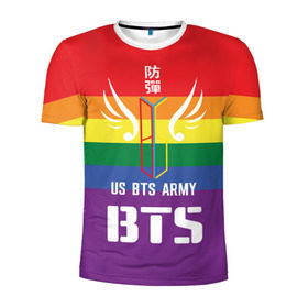 Мужская футболка 3D спортивная с принтом BTS Army в Петрозаводске, 100% полиэстер с улучшенными характеристиками | приталенный силуэт, круглая горловина, широкие плечи, сужается к линии бедра | army | bangtan boys | beyond the scene | boys | bts | chin | edm | emblem | fans | hieroglyphs | hip hop | jimin | k pop | logo | rainbow | rb | rm | south korean | армия | бойбенд | ви | джей хоуп | иероглифы | логотип | мальчики | радуга | сюга | 