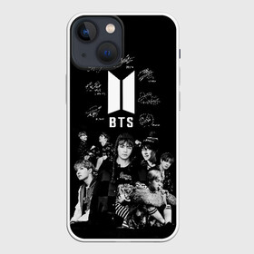 Чехол для iPhone 13 mini с принтом BTS в Петрозаводске,  |  | Тематика изображения на принте: autographs | bangtan boys | beyond the scene | boyband | boys | bts | chin | chonguk | edm | emblem | hip hop | jimin | jj hope | k pop | logo | rb | rm | shuga | south korean | wee | автографы | бойбенд | ви | джей хоуп | логотип | мальчики | сюга 