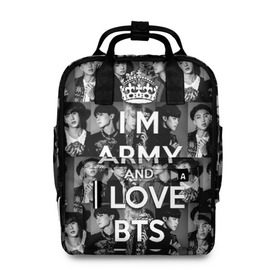 Женский рюкзак 3D с принтом I am army and I lover BTS в Петрозаводске, 100% полиэстер | лямки с регулируемой длиной, сверху ручки, чтобы рюкзак нести как сумку. Основное отделение закрывается на молнию, как и внешний карман. Внутри два дополнительных кармана, один из которых закрывается на молнию. По бокам два дополнительных кармашка, куда поместится маленькая бутылочка
 | bangtan boys | beyond the scene | boyband | boys | bts | chin | chonguk | collage | crown | edm | flowers | hip hop | jimin | jj hope | k pop | photo | r  b | rm | south korean | suga | wee | бойбенд | ви | джей хоуп | коллаж | корона | мальчики | с