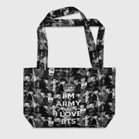 Пляжная сумка 3D с принтом I am army and I lover BTS в Петрозаводске, 100% полиэстер | застегивается на металлическую кнопку; внутренний карман застегивается на молнию. Стенки укреплены специальным мягким материалом, чтобы защитить содержимое от несильных ударов
 | bangtan boys | beyond the scene | boyband | boys | bts | chin | chonguk | collage | crown | edm | flowers | hip hop | jimin | jj hope | k pop | photo | r  b | rm | south korean | suga | wee | бойбенд | ви | джей хоуп | коллаж | корона | мальчики | с