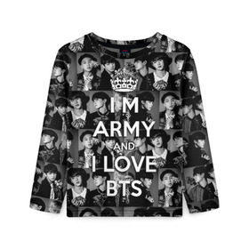 Детский лонгслив 3D с принтом I am army and I lover BTS в Петрозаводске, 100% полиэстер | длинные рукава, круглый вырез горловины, полуприлегающий силуэт
 | bangtan boys | beyond the scene | boyband | boys | bts | chin | chonguk | collage | crown | edm | flowers | hip hop | jimin | jj hope | k pop | photo | r  b | rm | south korean | suga | wee | бойбенд | ви | джей хоуп | коллаж | корона | мальчики | с